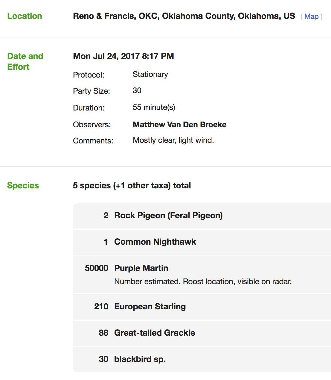 eBird checklist screen grab